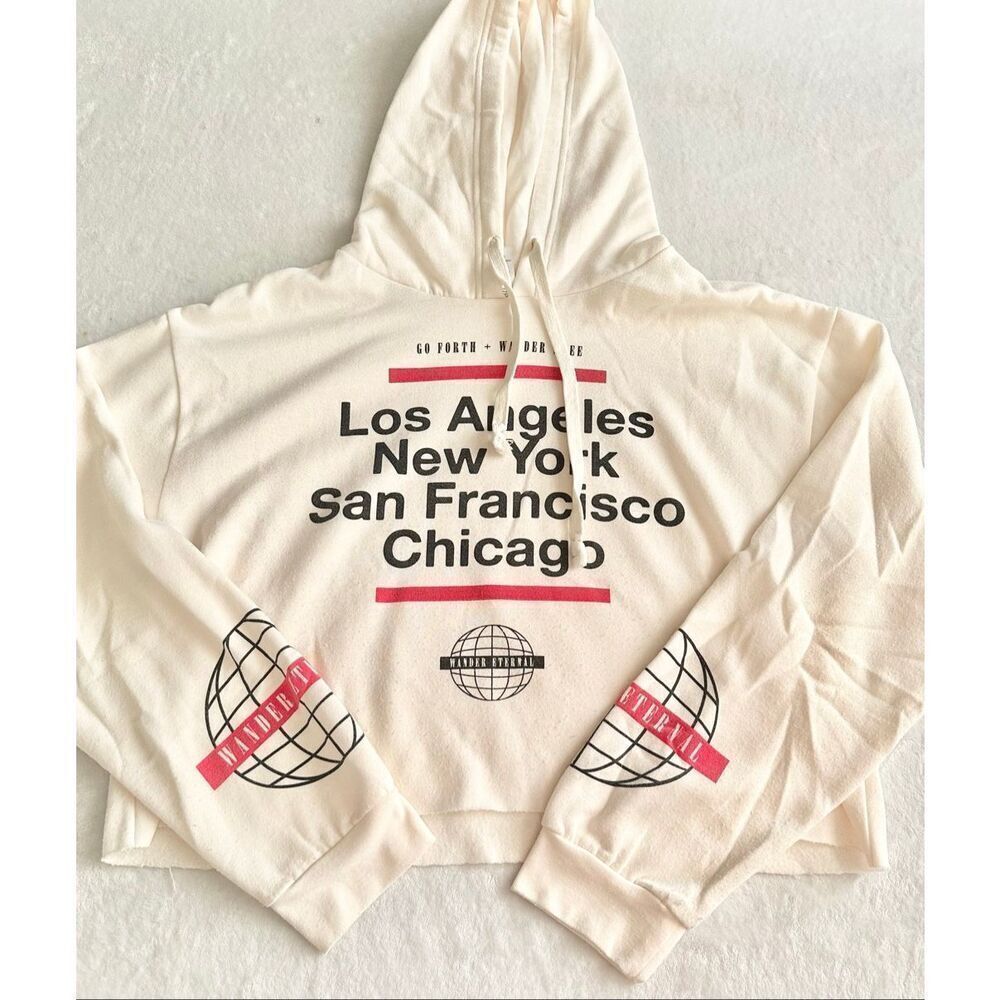 Mighty Fine Wander Eternal cropped raw hem sweatshirt city name graphic hoodie s - Picture 3 of 10